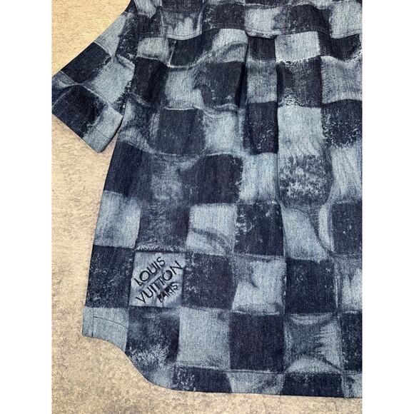 Louis Vuitton Salt Print Denim Blue Damier LV Logo Short Sleeve Button Shirt S - Picture 11 of 16